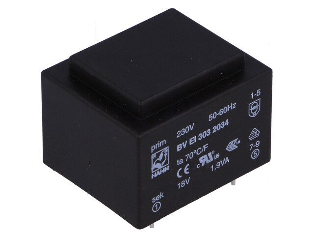 Transformator: ingegoten; 1,9VA; 230VAC; 18V; 105mA; PCB; BVEI Transformator: ingegoten; 1,9VA; 230VAC; 18V; 105mA; PCB; BVEI